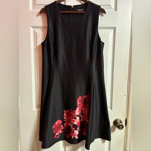 DKNY Black Dress with Red Floral Design “used”front chest minors scratch